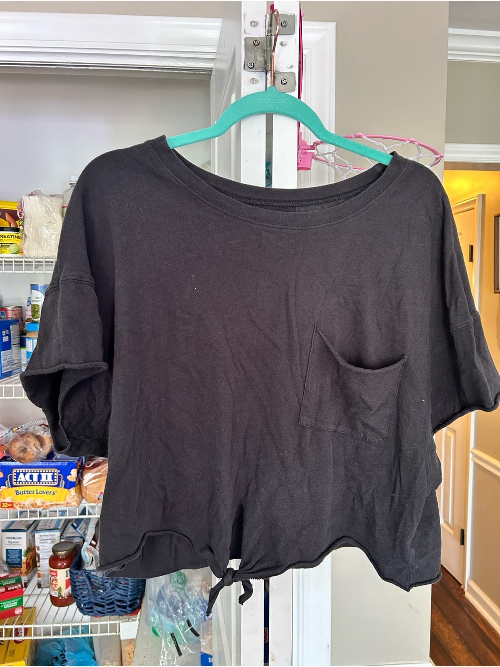 aerie Black Cropped Pocket Tee with Drawstring Hem